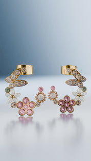 Gold Plated Pink & Green Floral Butterfly Earrings