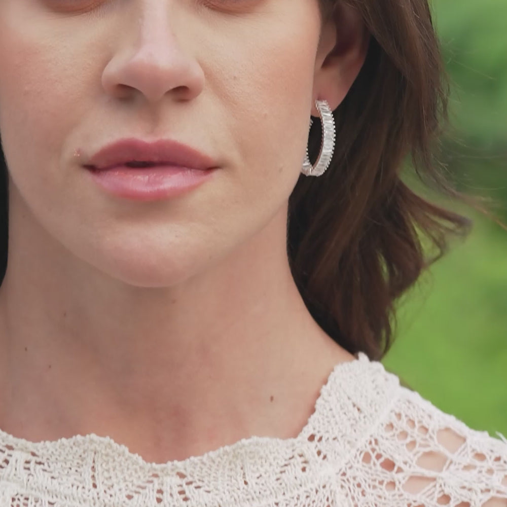 Silver Plated Baguette CZ Hoop Earrings