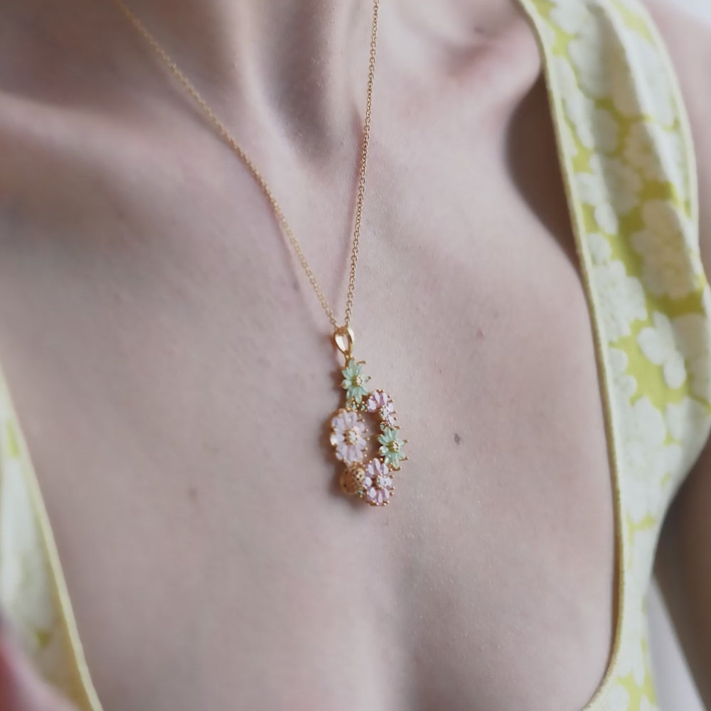 Gold Plated Pink & Green Floral Pendant