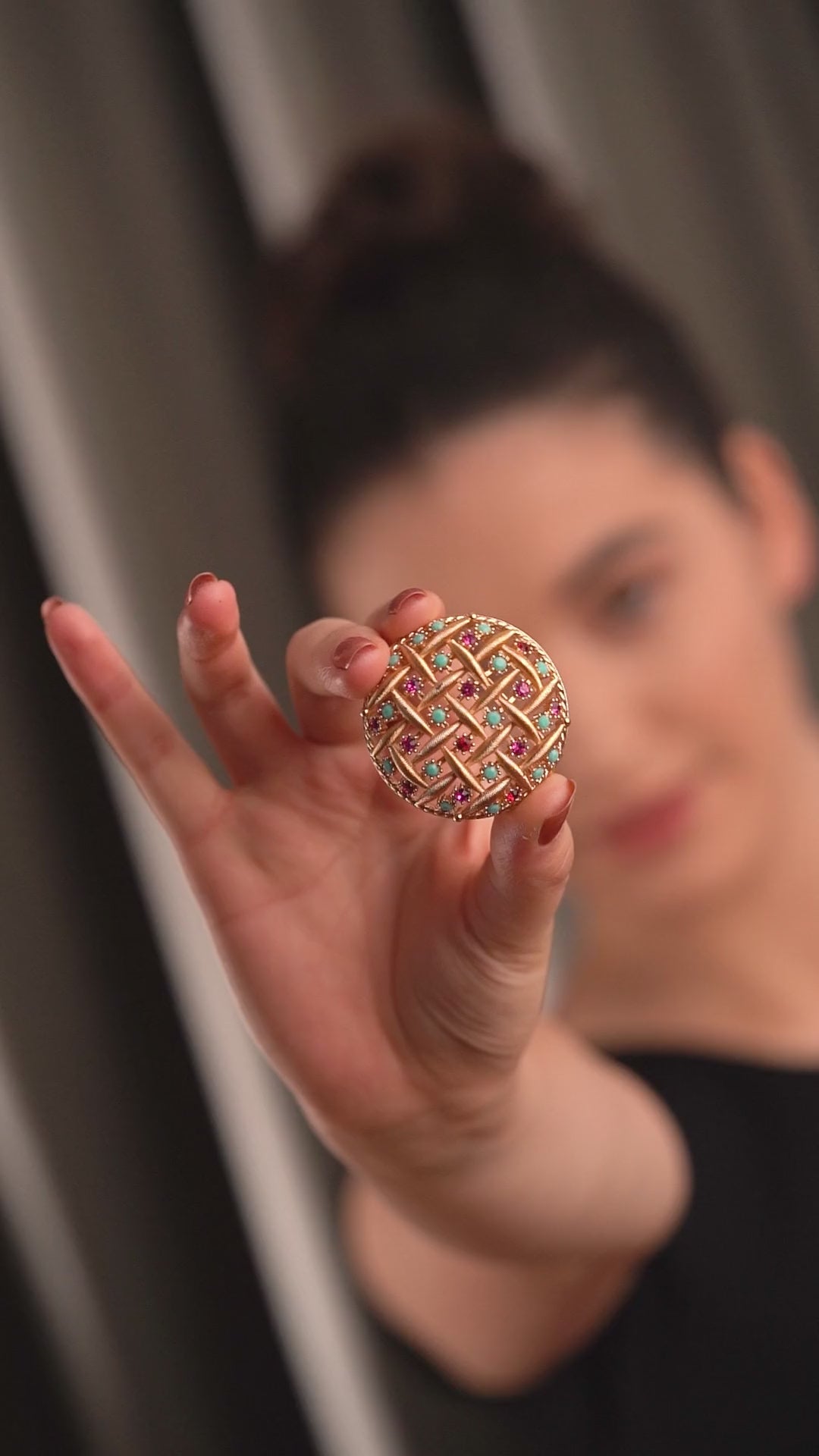 Gold Plated Round Brooch Pink & Turquoise Stones