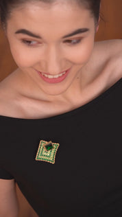 Gold Plated Square Brooch with Green Stones