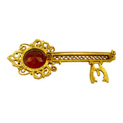 1980's Gold Tone Amber Rhinestone Key Brooch